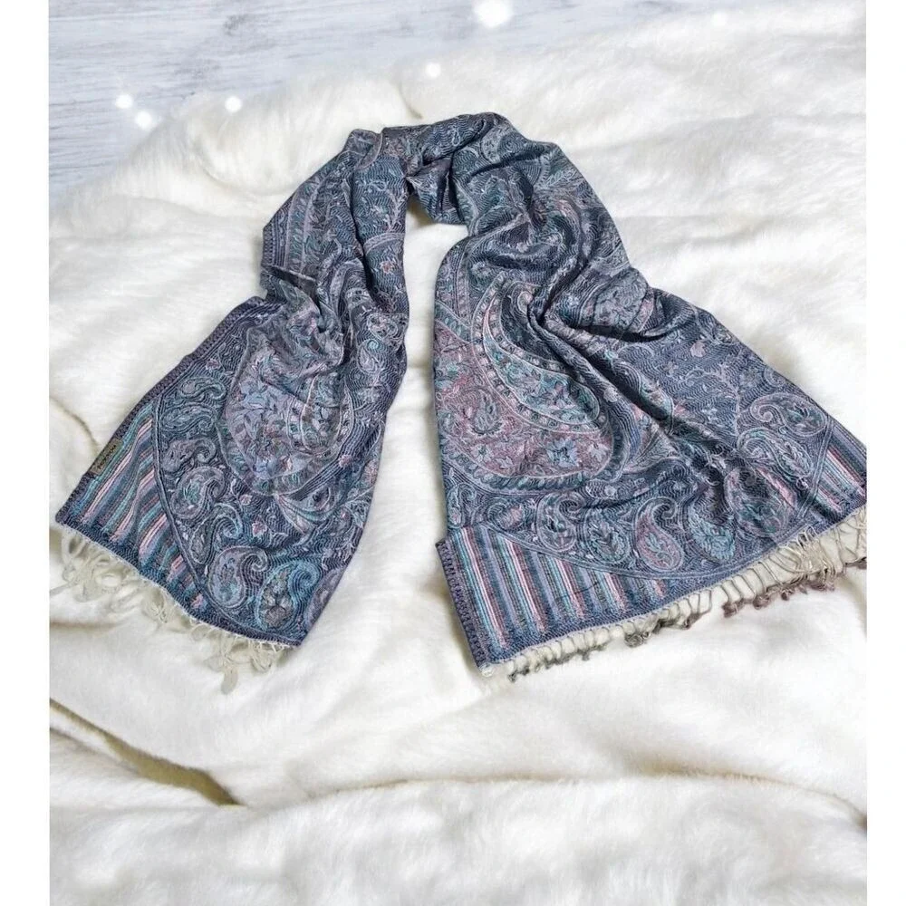 Pashmina Silk Turkish Shawl Blue Multicolor 60in x 25in‎